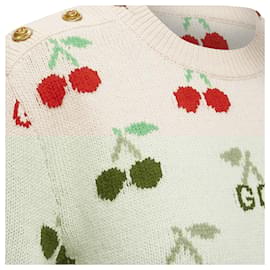 Gucci-Gucci GG logo Cherries crew long sleeves sweater-White,Cream