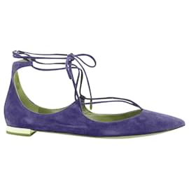 Aquazzura-Aquazzura Belgravia Suede Leather Pointy Lace Up Gold Heel Flats-Purple