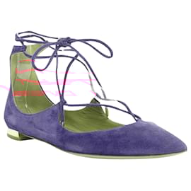 Aquazzura-Aquazzura Belgravia Suede Leather Pointy Lace Up Gold Heel Flats-Purple