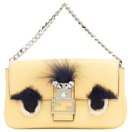 Fendi-Sac à main Fendi Micro Baguette en fourrure et cuir avec poignée supérieure-Jaune