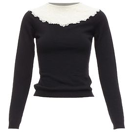 Valentino Garavani Suéter cropped de lã virgem e cashmere com gola de renda com contas Valentino Branco Cru