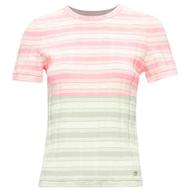 Chanel-Chanel Stripe Logo Charm Short Sleeve Ribbed Sweater-Pink