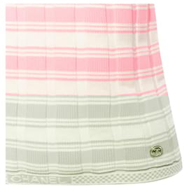 Chanel-Chanel Stripe Logo Charm Short Sleeve Ribbed Sweater-Pink