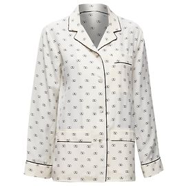 Valentino Garavani Camicia da pigiama con colletto e piping V Logo in seta Valentino Bianco Crudo