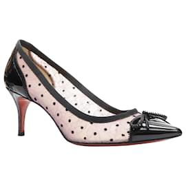 Christian Louboutin-Christian Louboutin Souris 70 talon kitten en dentelle à pois et nœud-Rose