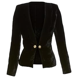 Balmain-Balmain Velvet Gold Eagle Buttons Shoulder Pads Fitted Blazer-Black