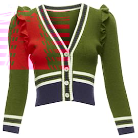 Gucci-Gucci Wool Ruffle Trim Ribbed Hem Cropped Cardigan-Red