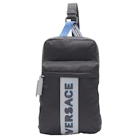 Versace-Versace reflective logo nylon Greca sports strap sling crossbody bag-Black