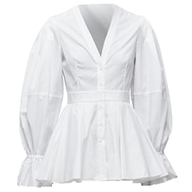 Alexander Mcqueen-Alexander Mcqueen Cotton V-Neck Balloon Sleeve Peplum Dress Shirt-White