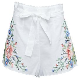 Bermuda de linho com bordado floral Zimmermann Juliette Branco