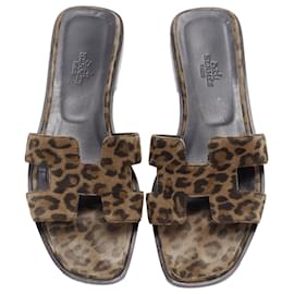 Hermès-Hermes Oran H logo signature leopard print leather sandals-Brown