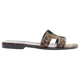 Hermès-Hermes Oran H logo signature leopard print leather sandals-Brown
