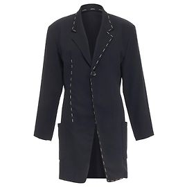 Yohji Yamamoto black wool blend handstitched detail long blazer coat Black