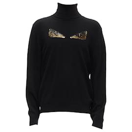 Fendi-Fendi cashmere beaded stud Monster eyes turtleneck sweater-Black