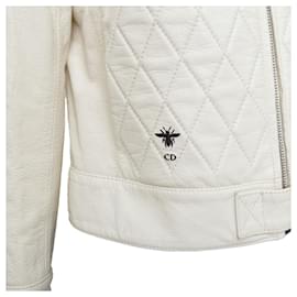 Dior-Dior Runway cream goat leather CD bee quilted biker jacket-White,Cream