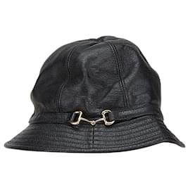 Gucci-Gucci Black Leather Horsebit Bucket Hat-Black