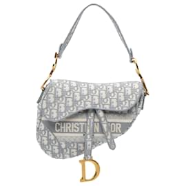 Dior-Dior Gray Oblique Embroidered Canvas Saddle Bag-Brown,Grey