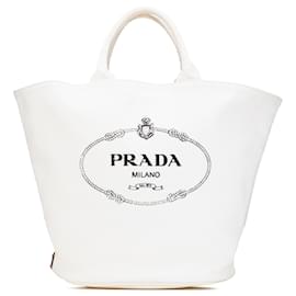 Prada-Prada White Small Canvas Canapa Shopping Tote-White