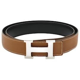 Hermès-Hermes H Belt Reversible Togo Box Calf Leather-Brown,Black