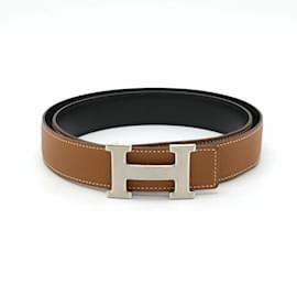 Hermès-Hermes H Belt Reversible Togo Box Calf Leather-Brown,Black