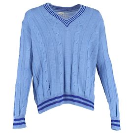 Blauer Wollpullover mit V-Ausschnitt in Kabelstrick von Dries Van Noten Blau Hellblau
