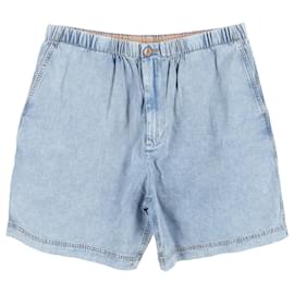 Gucci- Gucci Logo Print Drawstring Shorts in Blue Cotton Denim-Blue,Light blue