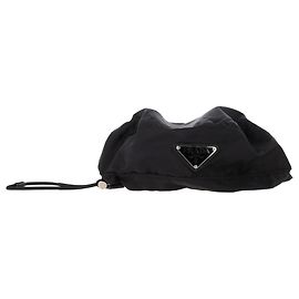 Prada Logo-Plaque Drawstring Beret Hat in Black Nylon Black