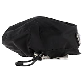 Prada- Prada Logo-Plaque Drawstring Beret Hat in Black Nylon-Black