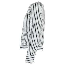 Lanvin- Lanvin Striped Button-Down Blouson Shirt in White and Green Cotton-White