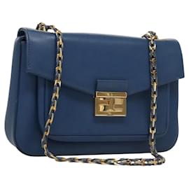 Fendi-FENDI Chain Shoulder Bag Leather Blue Auth 115580-Blue