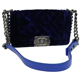 Chanel-CHANEL Matelasse Chain Boy Chanel Shoulder Bag Velor Blue CC Auth 115818-Blue