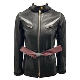 Chanel-Chanel Black / Burgundy Belted Zip-front Leather Jacket-Black