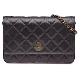 Chanel-Chanel Brown Metiers d’Art Quilted Iridescent Lambskin Tartan Button Wallet On Chain-Brown,Dark brown