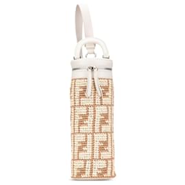 Fendi-Fendi Brown Zucca Leather and Straw Bottle Holder Sling Bag-Brown,Beige
