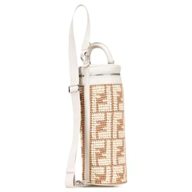 Fendi-Fendi Brown Zucca Leather and Straw Bottle Holder Sling Bag-Brown,Beige