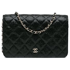 Chanel-Chanel Black Quilted Crackled Patent Calfskin Pearl Wallet On Chain-Black