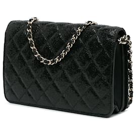 Chanel-Chanel Black Quilted Crackled Patent Calfskin Pearl Wallet On Chain-Black