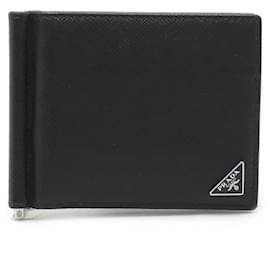 Prada-Prada Saffiano Triang Bi-fold Wallet with Money Clip-Black