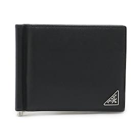 Prada-Prada Saffiano Triang Bi-fold Wallet with Money Clip-Black
