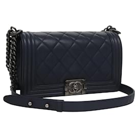 Chanel-CHANEL Chain Matelasse Boy Chanel Shoulder Bag Lamb Skin Navy CC Auth BA246A-Navy blue
