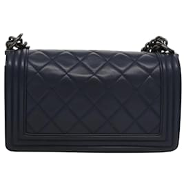 Chanel-CHANEL Chain Matelasse Boy Chanel Shoulder Bag Lamb Skin Navy CC Auth BA246A-Navy blue