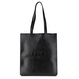 Fendi-Fendi Black Embossed Leather Logo Shopper Tote-Black