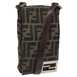 Fendi-FENDI Zucca Canvas Shoulder Bag Brown Black Auth 115538-Brown,Black