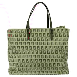 Fendi-FENDI Zucchino Canvas Tote Bag Red Beige gold Auth 115773-Red,Beige,Golden