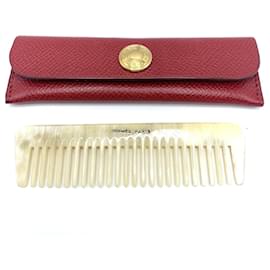 Hermès-Hermes Buffalo Horn Comb with Leather Case-Red