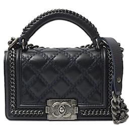 Chanel-Chanel Leather Boy Handle Chain Shoulder Bag-Navy blue