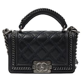 Chanel-Chanel Leather Boy Handle Chain Shoulder Bag-Navy blue