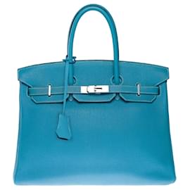 Hermès-HERMES Birkin 35 Bag in Blue Leather - 102535-Blue