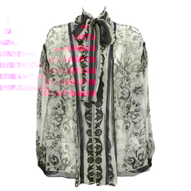 Dolce & Gabbana-Dolce & Gabbana Pink / White Majolica Silk Open Front Blouse-Pink