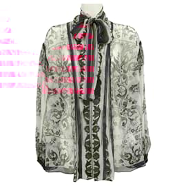 Dolce & Gabbana-Dolce & Gabbana Pink / White Majolica Silk Open Front Blouse-Pink